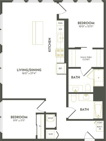 Rendering of the C13.1 floor plan with 2 bedroom[s] and 2 bathroom[s] at Albion Lawrenceville