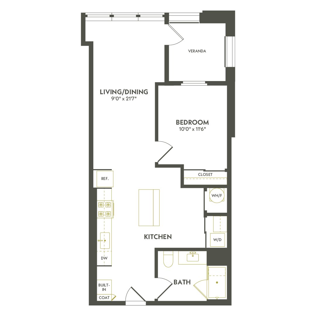 Rendering of the A7.4 floor plan with 1 bedroom[s] and 1 bathroom[s] at Albion Lawrenceville