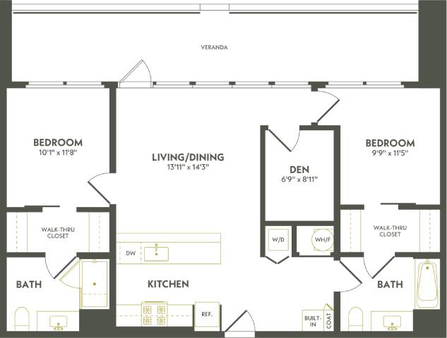 Rendering of the D1 floor plan with 2 bedroom[s] and 2 bathroom[s] at Albion Lawrenceville