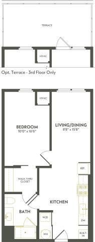 Rendering of the A3 floor plan with 1 bedroom[s] and 1 bathroom[s] at Albion Lawrenceville
