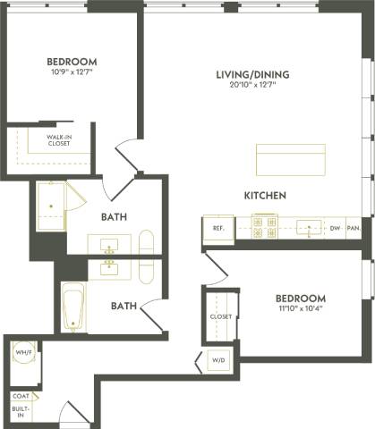 Rendering of the C14 floor plan with 2 bedroom[s] and 2 bathroom[s] at Albion Lawrenceville