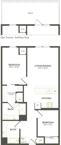 Rendering of the C10 floor plan with 2 bedroom[s] and 2 bathroom[s] at Albion Lawrenceville