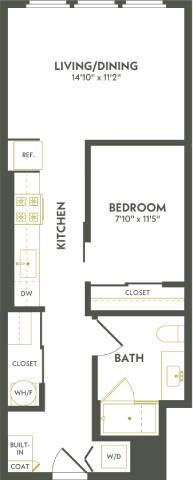 Rendering of the J1 floor plan with 1 bedroom[s] and 1 bathroom[s] at Albion Lawrenceville
