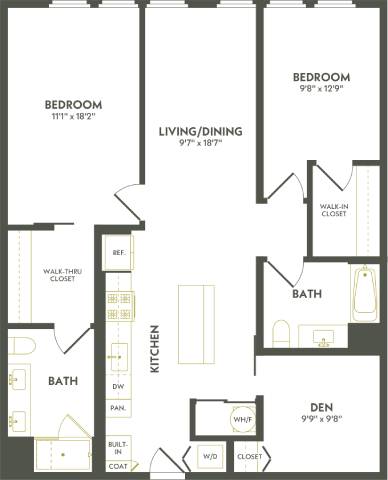 Rendering of the D2.1 floor plan with 2 bedroom[s] and 2 bathroom[s] at Albion Lawrenceville