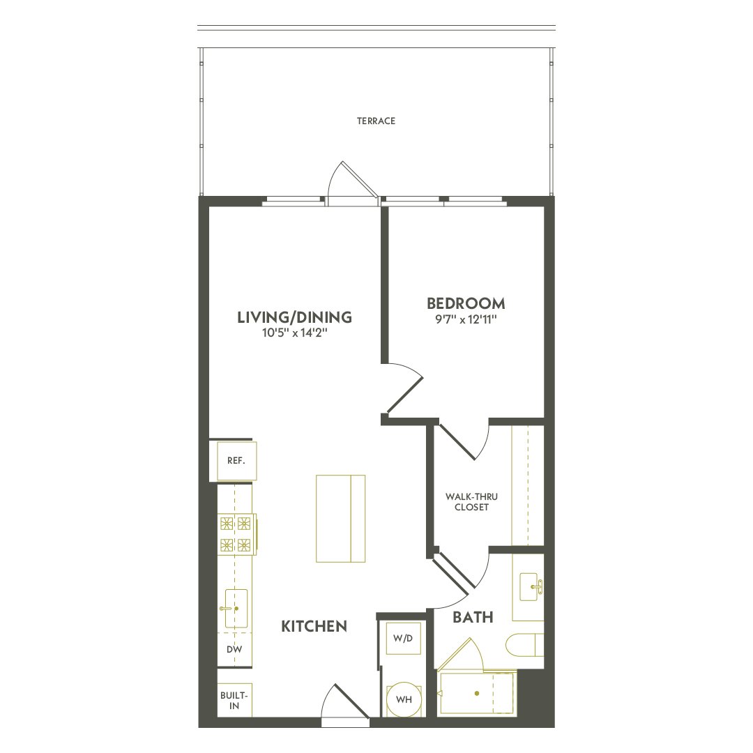 Rendering of the A5.3 floor plan with 1 bedroom[s] and 1 bathroom[s] at Albion Lawrenceville