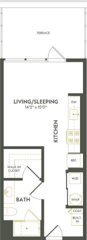 Rendering of the S1 floor plan with a Studio bedroom and 1 bathroom[s] at Albion Lawrenceville