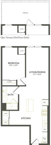 Rendering of the A8 floor plan with 1 bedroom[s] and 1 bathroom[s] at Albion Lawrenceville