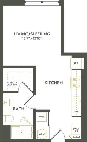 Rendering of the S4 floor plan with a Studio bedroom and 1 bathroom[s] at Albion Lawrenceville