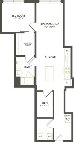 Rendering of the B4 floor plan with 1 bedroom[s] and 1 bathroom[s] at Albion Lawrenceville