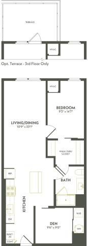 Rendering of the B2 floor plan with 1 bedroom[s] and 1 bathroom[s] at Albion Lawrenceville