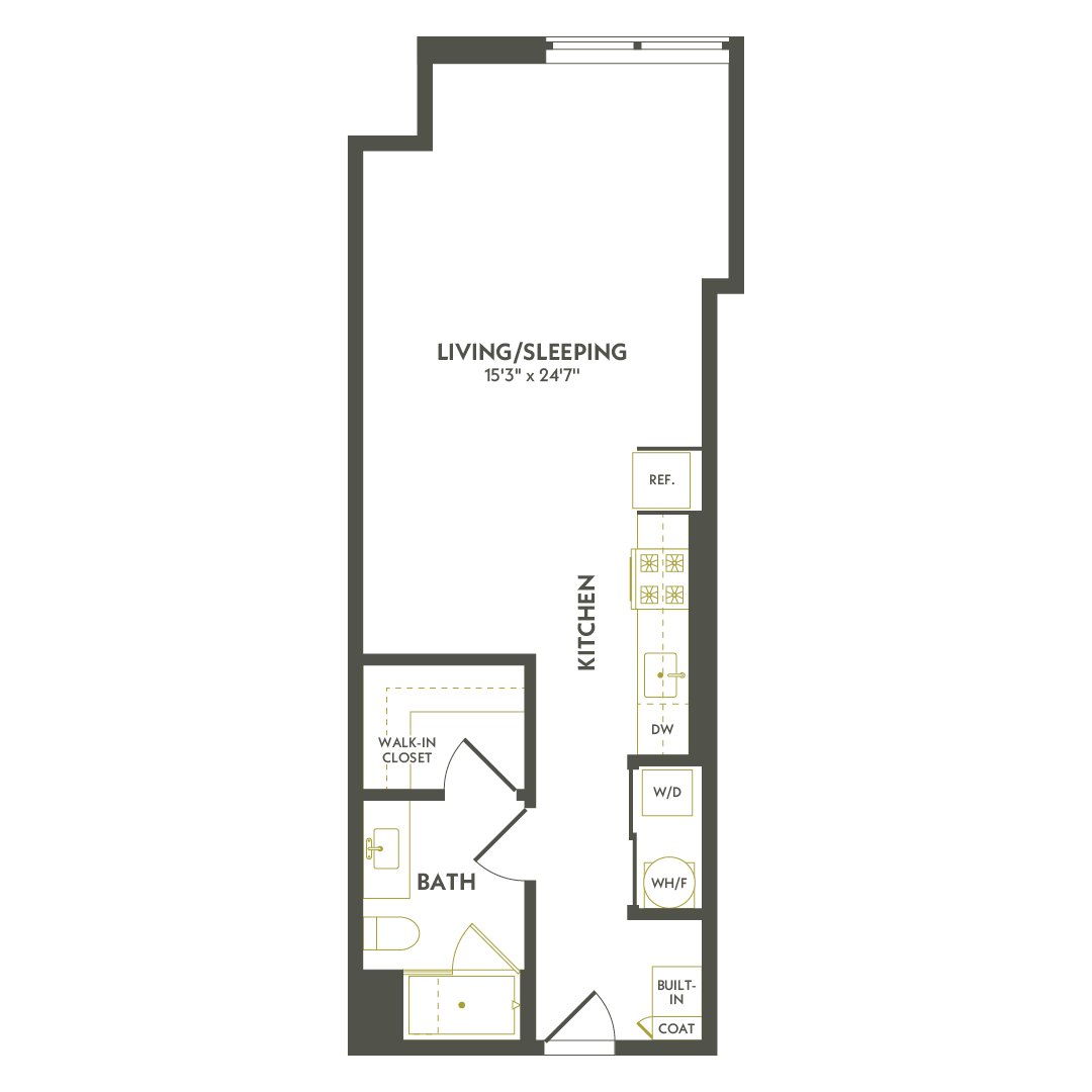 Rendering of the S2.4 floor plan with a Studio bedroom and 1 bathroom[s] at Albion Lawrenceville