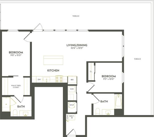 Rendering of the C11 floor plan with 2 bedroom[s] and 2 bathroom[s] at Albion Lawrenceville