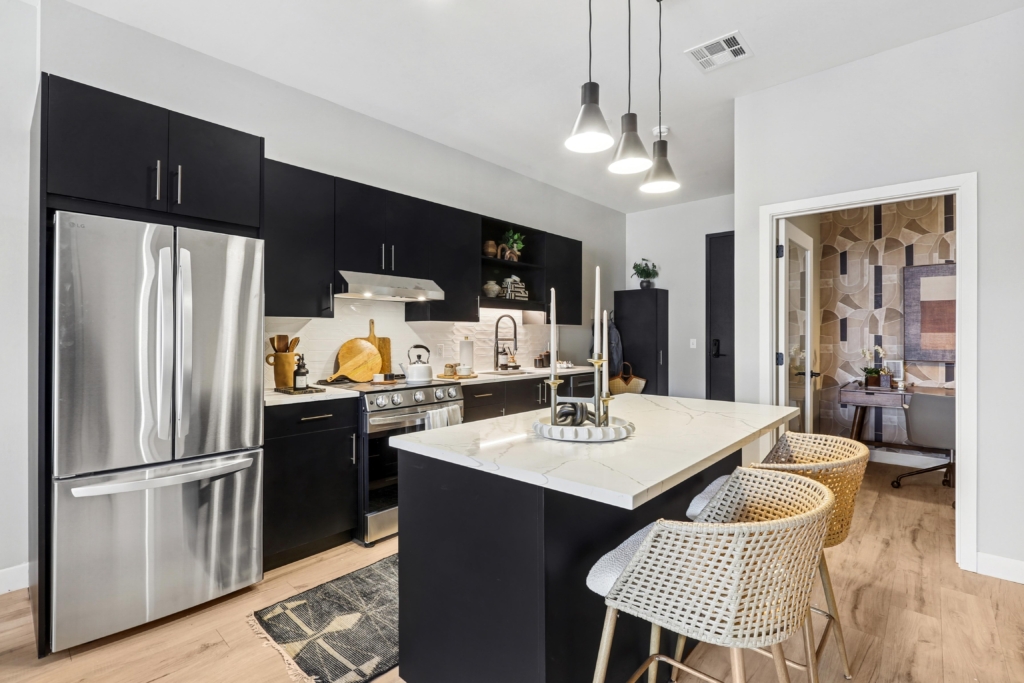 Kitchen with stainless steel appliances and island