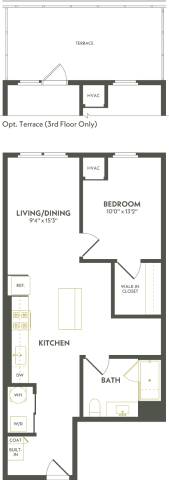 Rendering of the A12 floor plan with 1 bedroom[s] and 1 bathroom[s] at Albion Lawrenceville