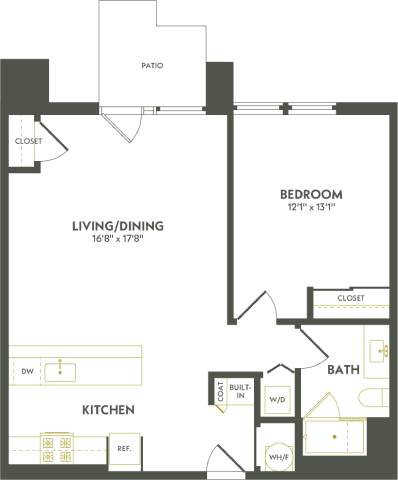 Rendering of the A9.1 floor plan with 1 bedroom[s] and 1 bathroom[s] at Albion Lawrenceville