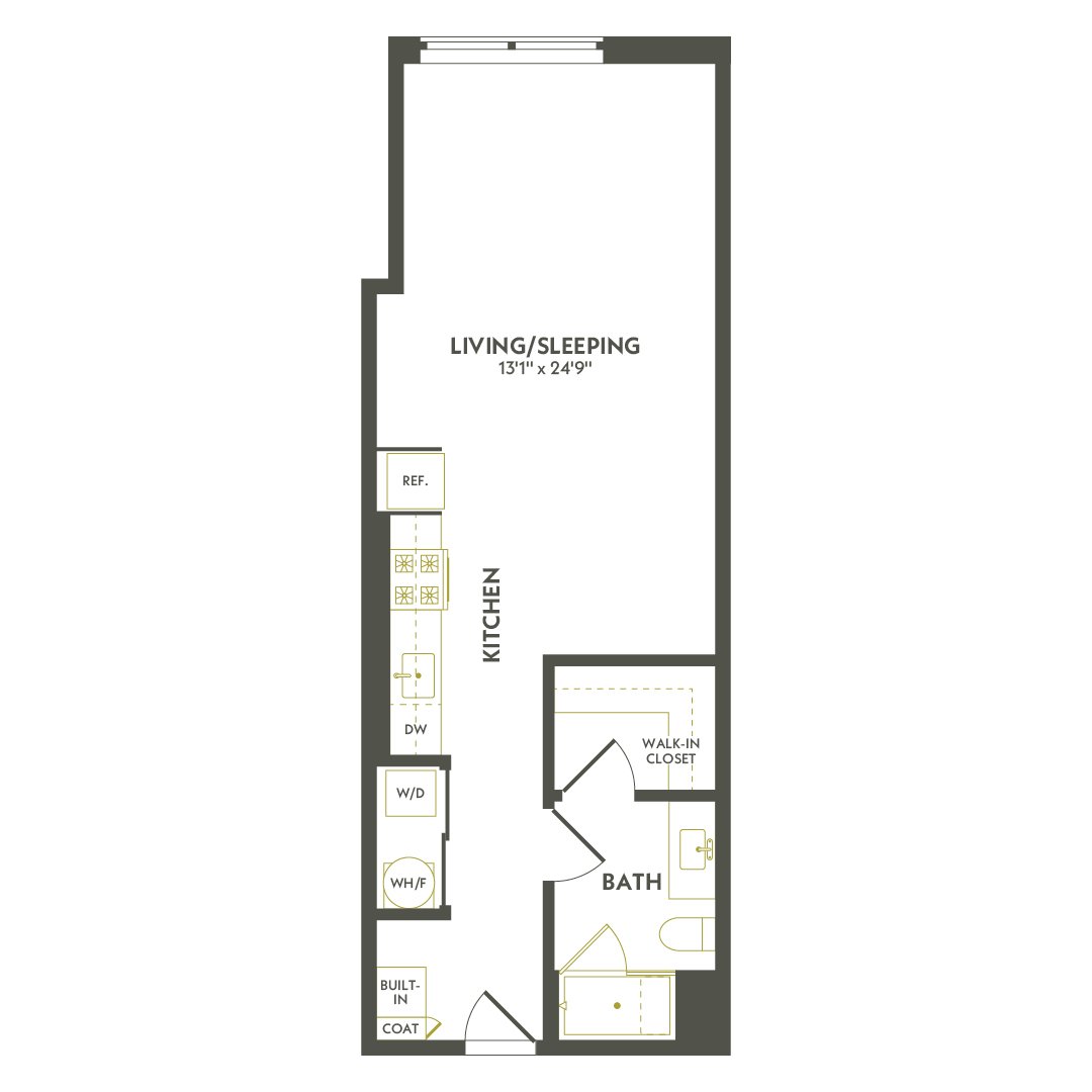 Rendering of the S2.3 floor plan with a Studio bedroom and 1 bathroom[s] at Albion Lawrenceville