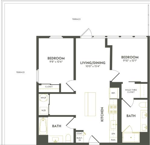 Rendering of the C1 floor plan with 2 bedroom[s] and 2 bathroom[s] at Albion Lawrenceville