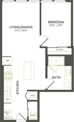 Rendering of the A6 floor plan with 1 bedroom[s] and 1 bathroom[s] at Albion Lawrenceville