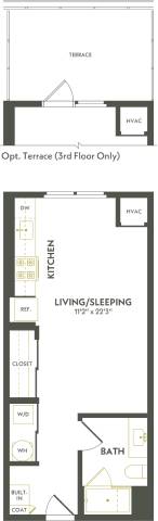 Rendering of the S3 floor plan with a Studio bedroom and 1 bathroom[s] at Albion Lawrenceville