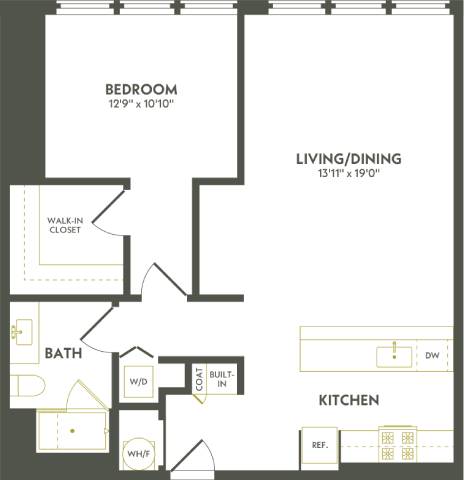 Rendering of the A16 floor plan with 1 bedroom[s] and 1 bathroom[s] at Albion Lawrenceville