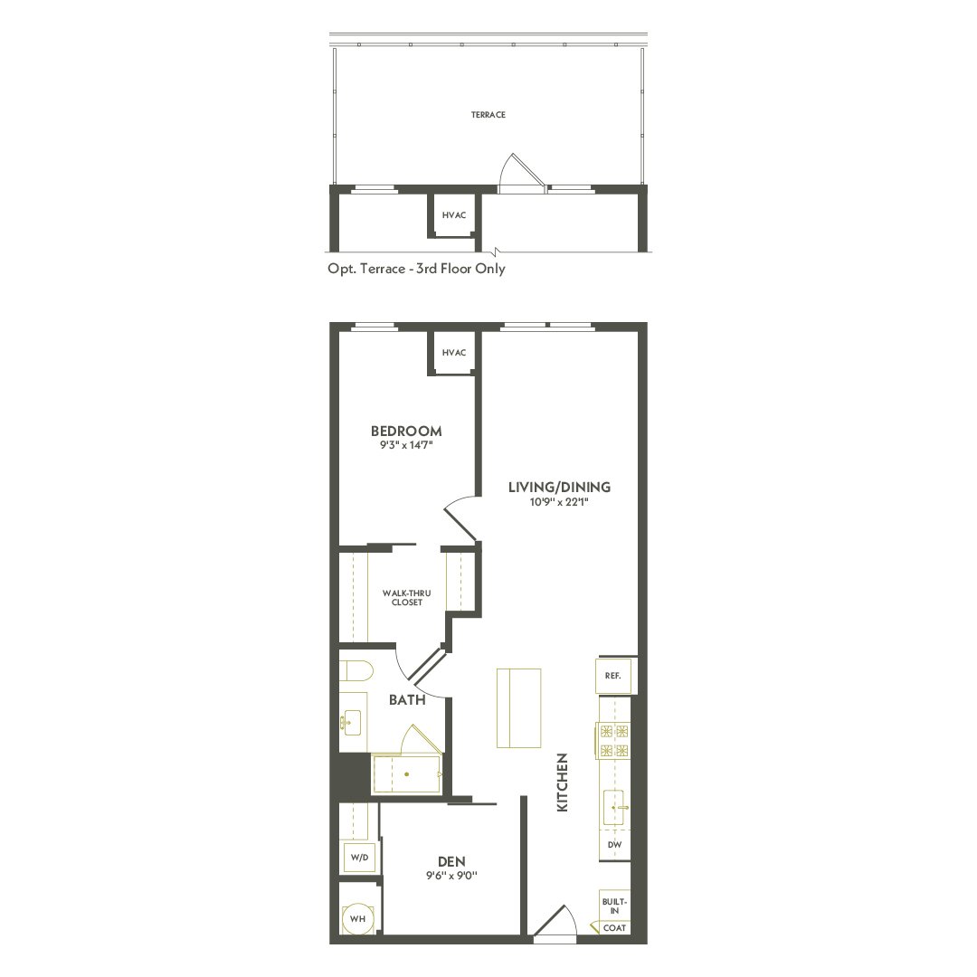 Rendering of the B1.2 floor plan with 1 bedroom[s] and 1 bathroom[s] at Albion Lawrenceville