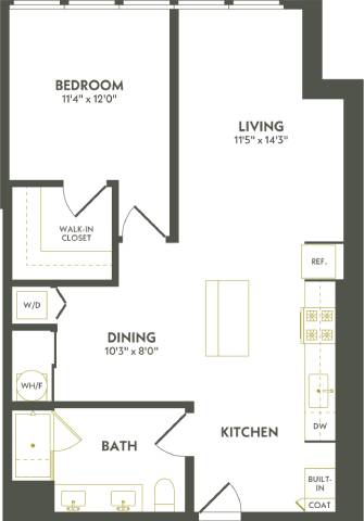 Rendering of the A15 floor plan with 1 bedroom[s] and 1 bathroom[s] at Albion Lawrenceville
