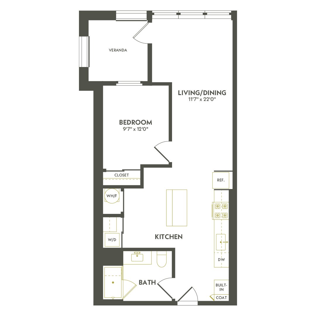 Rendering of the A7.3 floor plan with 1 bedroom[s] and 1 bathroom[s] at Albion Lawrenceville