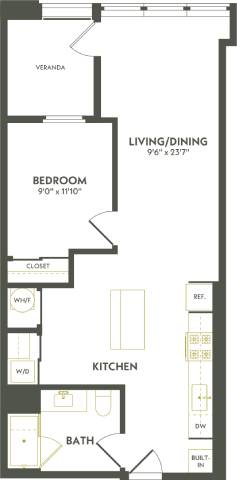 Rendering of the A7.1 floor plan with 1 bedroom[s] and 1 bathroom[s] at Albion Lawrenceville