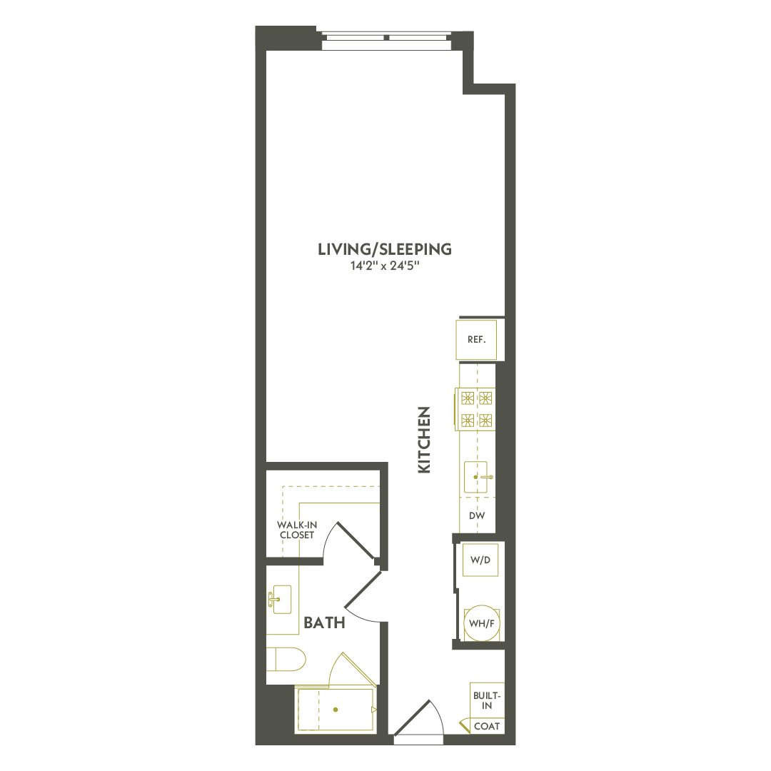 Rendering of the S2.2 floor plan with a Studio bedroom and 1 bathroom[s] at Albion Lawrenceville