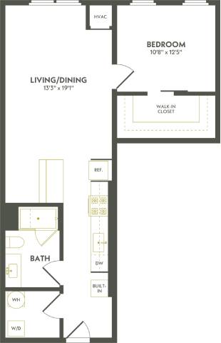 Rendering of the A14 floor plan with 1 bedroom[s] and 1 bathroom[s] at Albion Lawrenceville