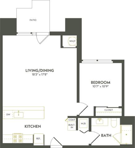Rendering of the A10 floor plan with 1 bedroom[s] and 1 bathroom[s] at Albion Lawrenceville