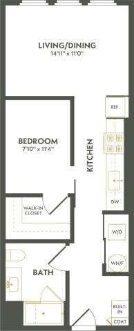Rendering of the J2.1 floor plan with 1 bedroom[s] and 1 bathroom[s] at Albion Lawrenceville