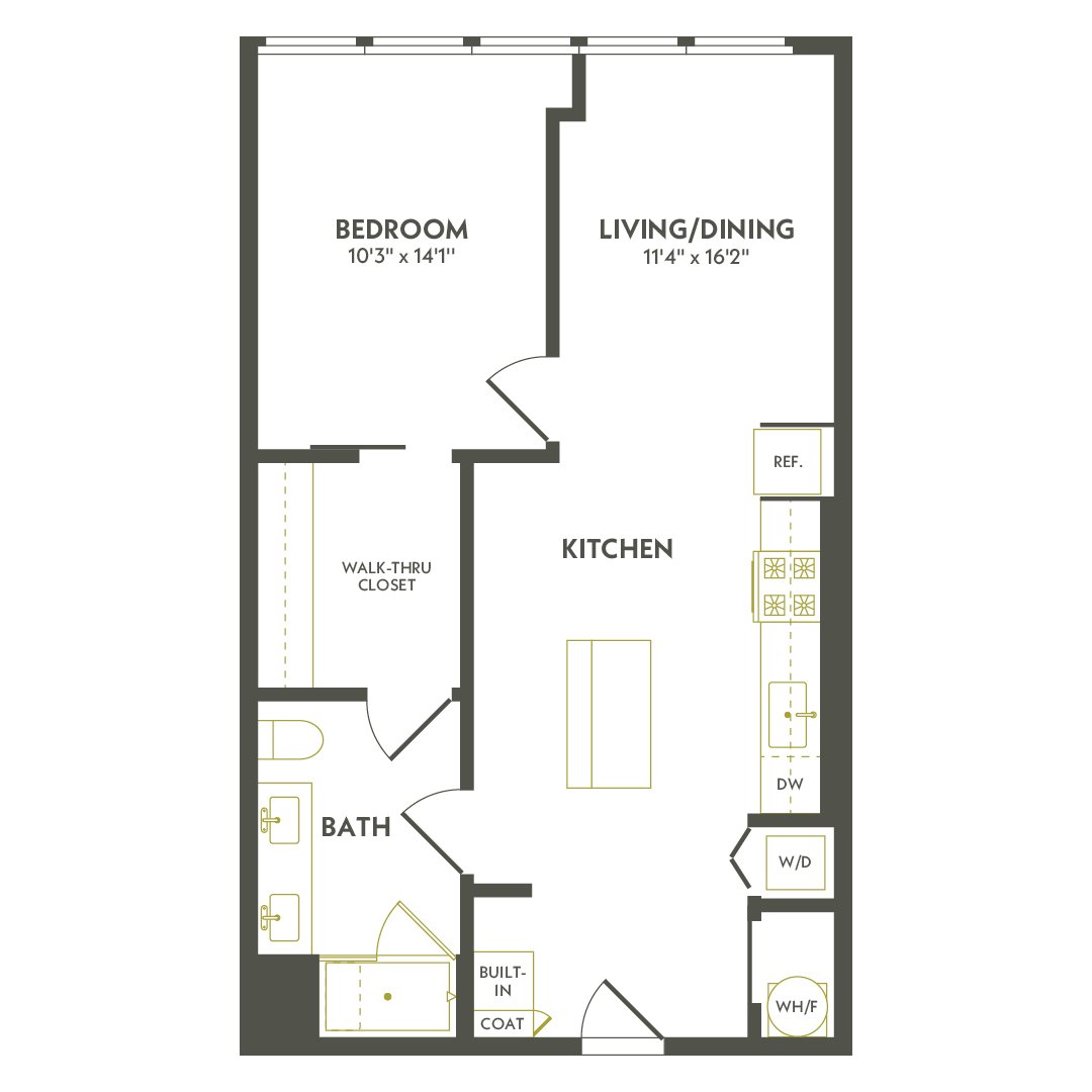 Rendering of the A5.4 floor plan with 1 bedroom[s] and 1 bathroom[s] at Albion Lawrenceville