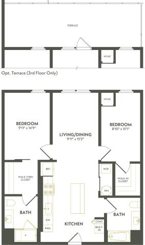 Rendering of the C9 floor plan with 2 bedroom[s] and 2 bathroom[s] at Albion Lawrenceville