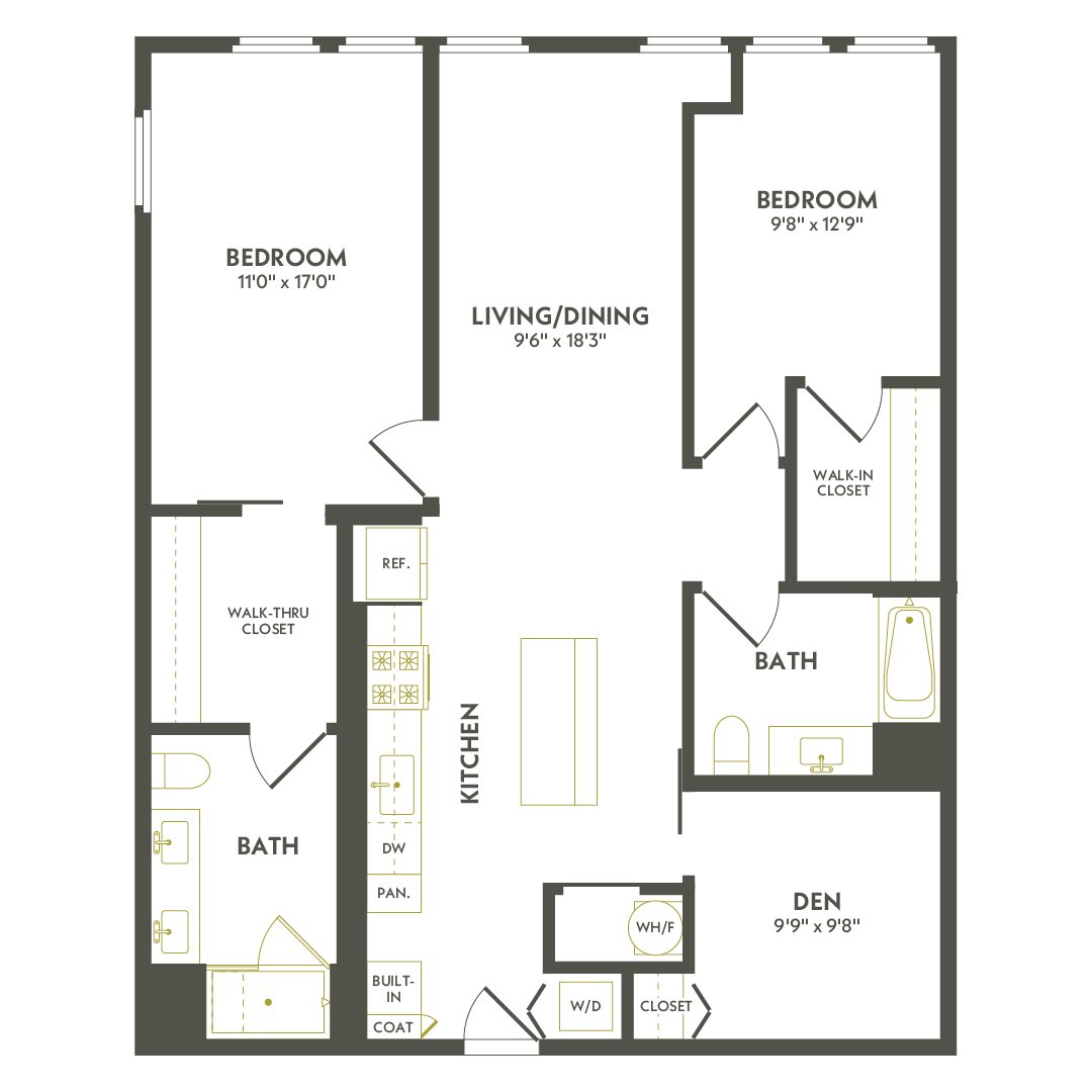 Rendering of the D2.2 floor plan with 2 bedroom[s] and 2 bathroom[s] at Albion Lawrenceville