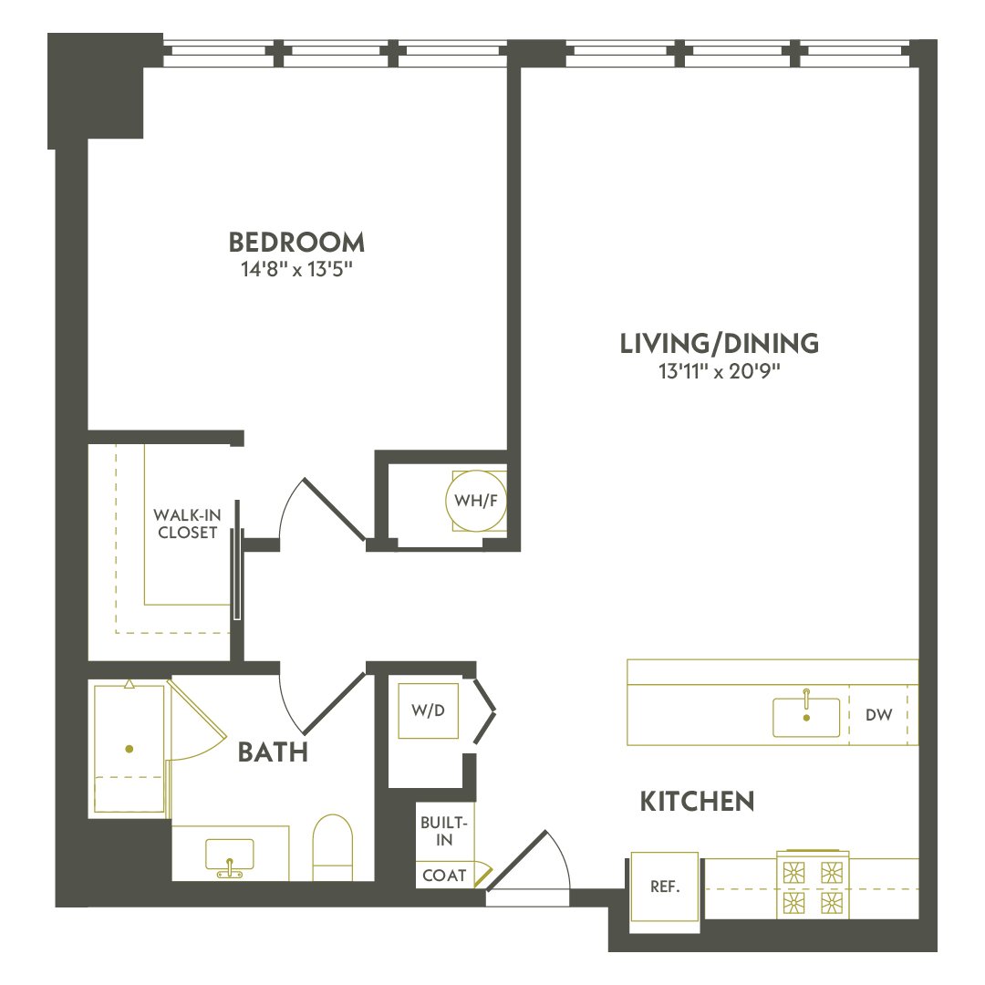 Rendering of the A11.2 floor plan with 1 bedroom[s] and 1 bathroom[s] at Albion Lawrenceville