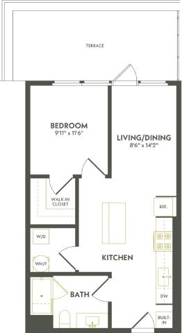 Rendering of the A1 floor plan with 1 bedroom[s] and 1 bathroom[s] at Albion Lawrenceville
