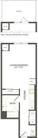 Rendering of the S6 floor plan with a Studio bedroom and 1 bathroom[s] at Albion Lawrenceville