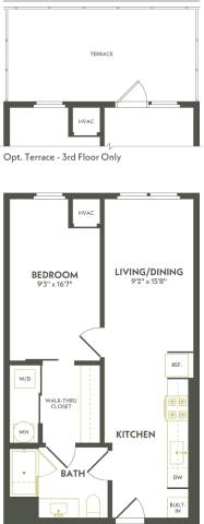 Rendering of the A2 floor plan with 1 bedroom[s] and 1 bathroom[s] at Albion Lawrenceville