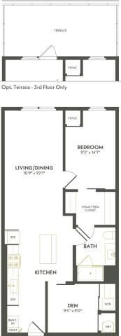 Rendering of the B1.1 floor plan with 1 bedroom[s] and 1 bathroom[s] at Albion Lawrenceville
