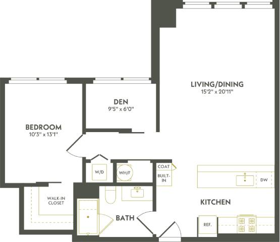 Rendering of the B5 floor plan with 1 bedroom[s] and 1 bathroom[s] at Albion Lawrenceville