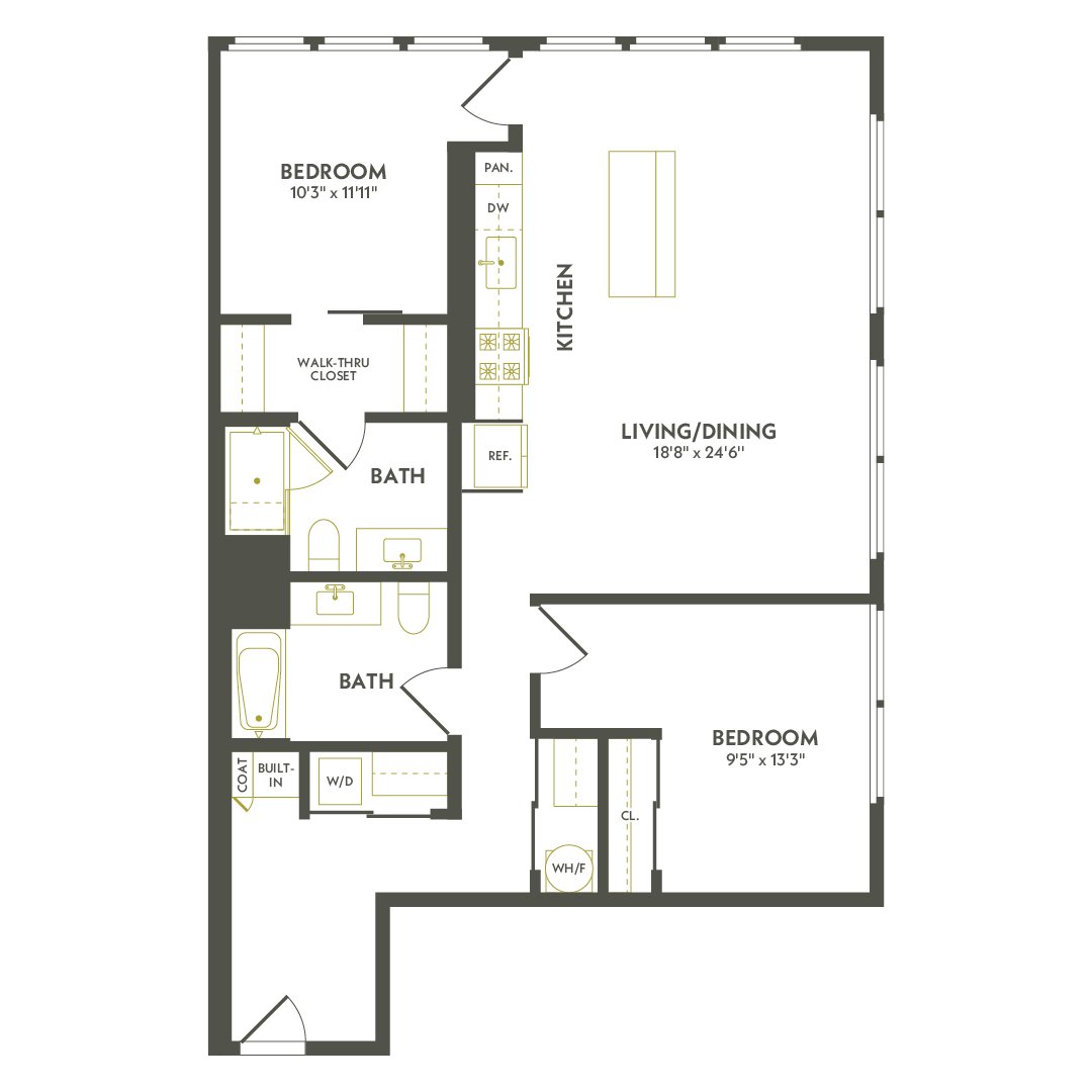 Rendering of the C13.2 floor plan with 2 bedroom[s] and 2 bathroom[s] at Albion Lawrenceville