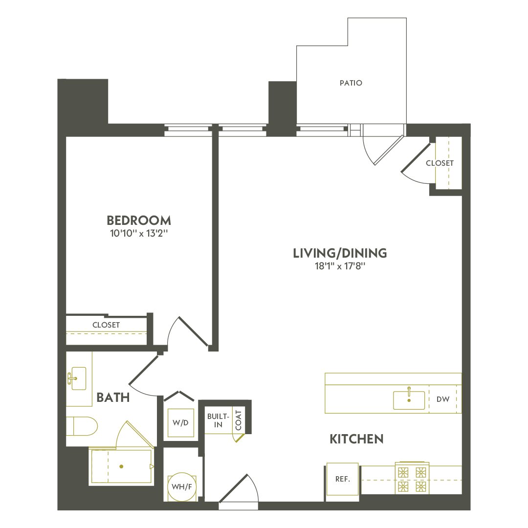 Rendering of the A9.4 floor plan with 1 bedroom[s] and 1 bathroom[s] at Albion Lawrenceville