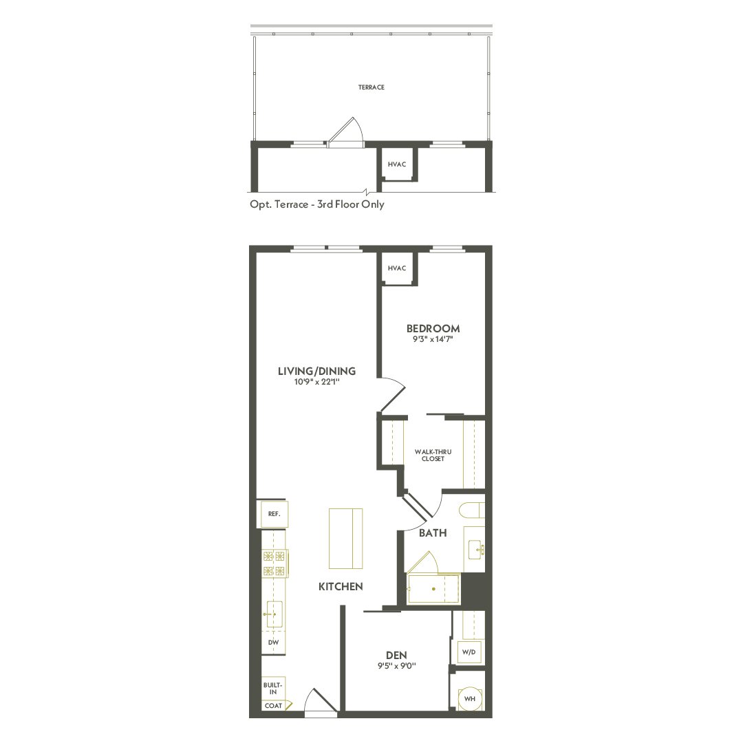 Rendering of the B1.6 floor plan with 1 bedroom[s] and 1 bathroom[s] at Albion Lawrenceville