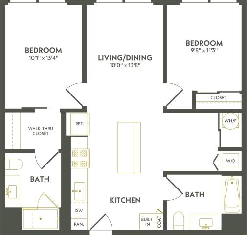 Rendering of the C2 floor plan with 2 bedroom[s] and 2 bathroom[s] at Albion Lawrenceville