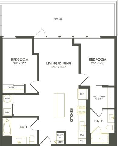 Rendering of the C4 floor plan with 2 bedroom[s] and 2 bathroom[s] at Albion Lawrenceville
