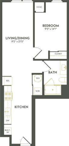 Rendering of the A4 floor plan with 1 bedroom[s] and 1 bathroom[s] at Albion Lawrenceville