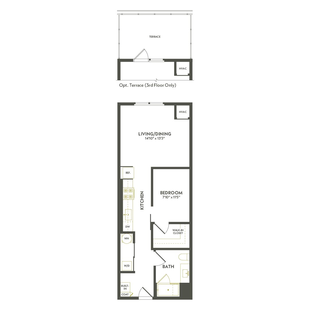 Rendering of the J2.2 floor plan with 1 bedroom[s] and 1 bathroom[s] at Albion Lawrenceville