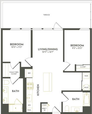 Rendering of the C3 floor plan with 2 bedroom[s] and 2 bathroom[s] at Albion Lawrenceville