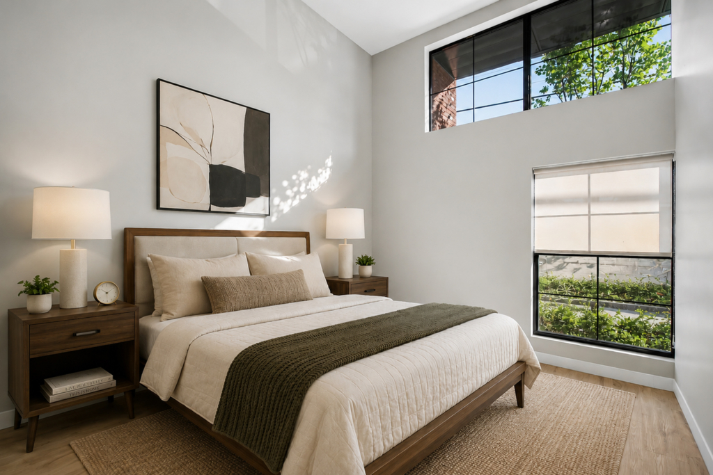 bedroom with windows and bed
